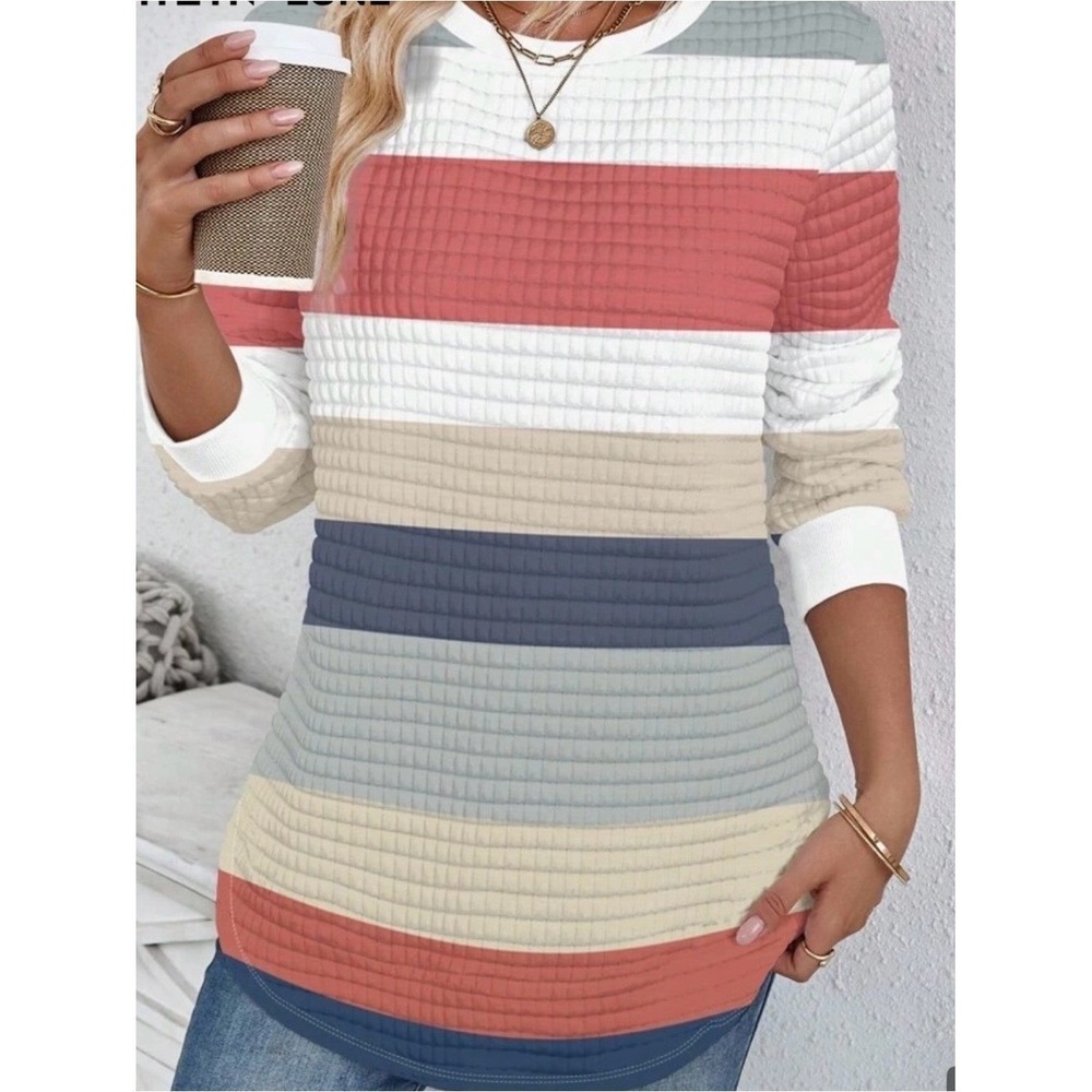 Striped Waffle-Knit Long Sleeve Tunic in Coral, Navy & Cream